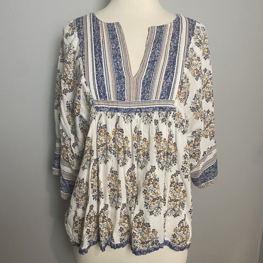 Lucky Brand Boho Floral Striped Peasant Top Viscose Blouse - Size M